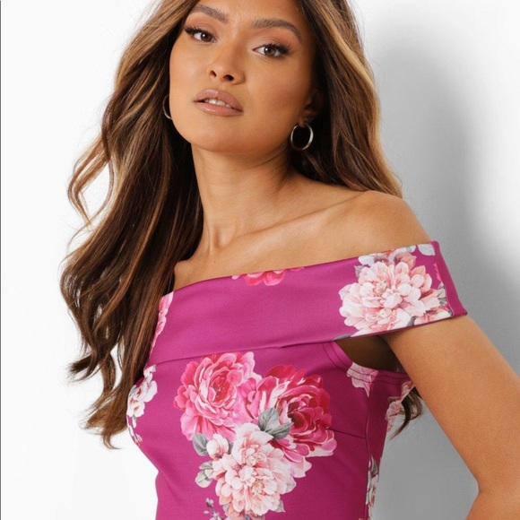 SCUBA FLORAL OFF THE SHOULDER MIDI SKATER DRESS, size 10 - Picture 4 of 5